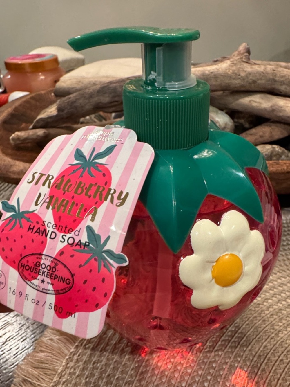 Strawberry Vanilla Scented Hand Soap - Pink & Green Decorative Bottle